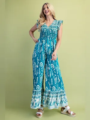 Boutique Turquoise Boho Wide Leg Jumpsuit Resort Vacation Beach Outfit thumbnail 7