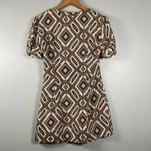 Geometric Print‎ Dress Short Sleeve V Neck Brown Black White Mini Retro Preppy thumbnail 4