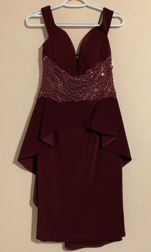 Jovani 04461 Knee Length Glittery Burgundy Cocktail Dress Size 8 thumbnail 1