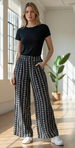 Three Dots Wide Leg Pants Women Small Black Excellent Boho Striped Geometric thumbnail 1