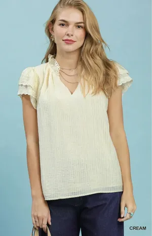Umgee Lace Trim Ruffle‎ Top - Cream - Small thumbnail 1