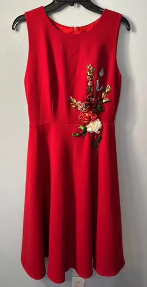 Red Sleeveless Fit and Flare Dress with 3D Ribbon Floral Embroidery Cocktail thumbnail 1
