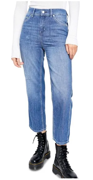 Free People Chloe Baby Barrel Jeans Women XS‎ Blue Boho Elastic Back Distressed thumbnail 1