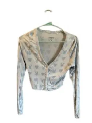 Playboy PacSun Y2K Bunny Heart Print Blue Cropped Cardigan Top Womens Small GUC thumbnail 7