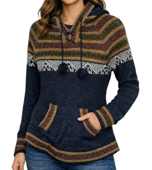 Alpaca‎ Boho Fair Isle Hooded Sweater Pullover w/ Pockets Cozy Festival Style thumbnail 1
