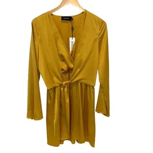 MINKPINK Womens V-Neck Bell Sleeve Tie Wrap Front Mini Dress Marigold Small NWT‎ thumbnail 2