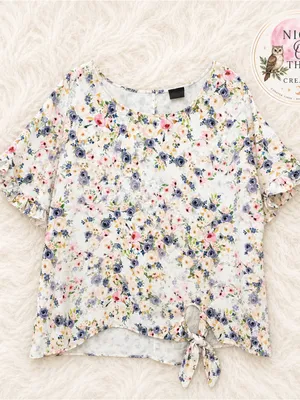 Floral Short Sleeve Ruffle Tie Knot Blouse ~ Women’s XL Cottage Feminine Top thumbnail 5