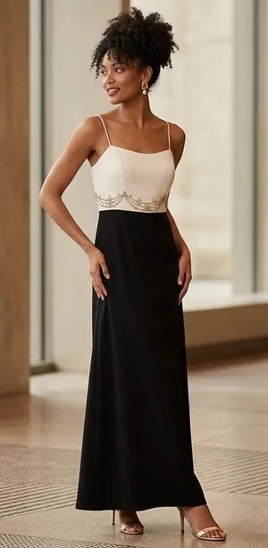 Badgley Mischka Formal Gown 10 Black White Beaded Silk Pearl High Low Maxi thumbnail 1