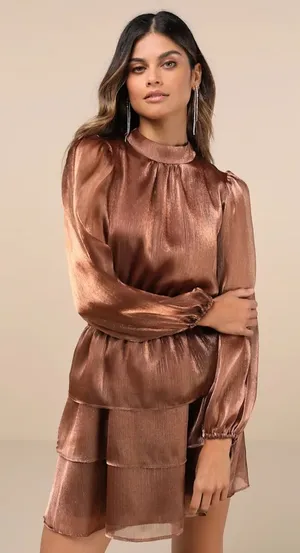 NWT‎ Lulus Dress Ideal Behavior Bronze Metallic Backless Tiered Mini Dress Small thumbnail 1