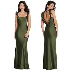 Social Bridesmaids Olive Green Satin Ruffle Flutter‎ Sleeve Maxi Dress XS 8219 thumbnail 2