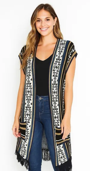 Sleeveless Kimono Overpiece Size Xs/S Fringed Aztec Western Festival Sweater thumbnail 1