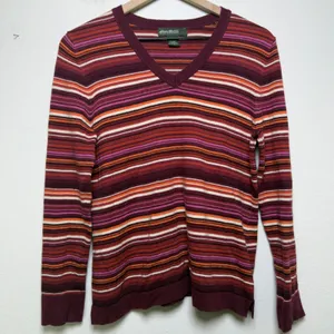 Eddie Bauer Women Cotton Cashmere Sweater Medium Burgundy Striped Retro‎ Indie thumbnail 1