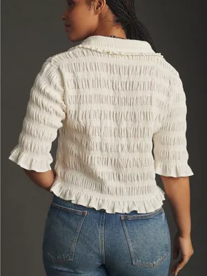 Anthropologie Maeve Cream Smocked Ruffle-Cuff Collared Top Size Large thumbnail 3