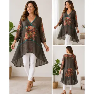 Johnny Was‎ Silk Floral High Low Tunic Top Grey Teal V-Neck 3/4 Sleeve Size M thumbnail 2