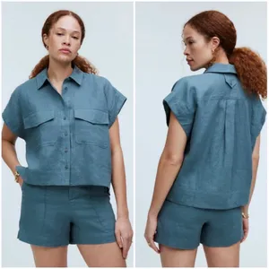 Madewell Womens Flap-Pocket Button Up Linen Shirt S Distant Mineral Quiet Luxury thumbnail 2