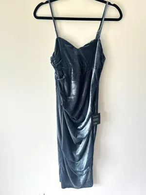 Lulus Plush Personality Slate Blue Velvet Ruched Bodycon Midi Dress Formal thumbnail 4