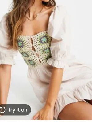 ASOS Boho Crochet-Front Mini Dress in Cream thumbnail 1
