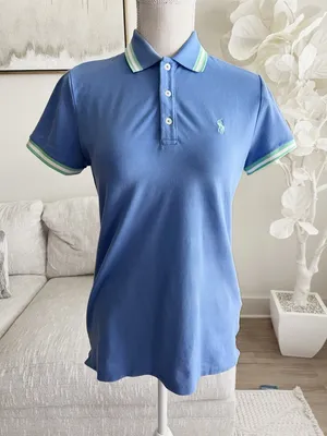 Ralph Lauren Blue Polo Woman’s Golf Shirt with Green-Trim Collar Size Small thumbnail 1