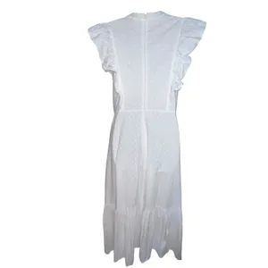 BCBGMAXAZRIA Women's Ruffle Short Sleeve Maxi Dress V Neck‎ White Large Cotton thumbnail 5