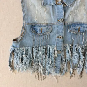 Spoon Jeans Denim Vest Women XL Blue Distressed Rhinestone Fringe Western Crop thumbnail 10
