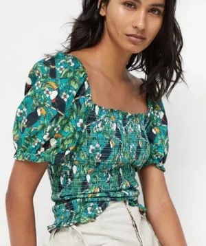 Anthropologie Dolan Left Coast Smocked Puff Sleeve Green Toucan Print Top Floral thumbnail 1