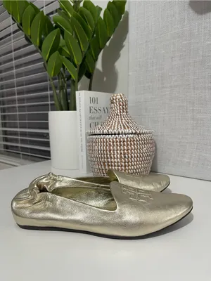 TORY BURCH gold smoking loafers metallic leather loafer shoes work career logo 7 thumbnail 2