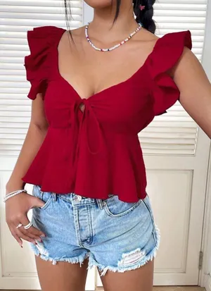 Shein Red Ruffle Sleeve Tie Front Peplum Top thumbnail 1