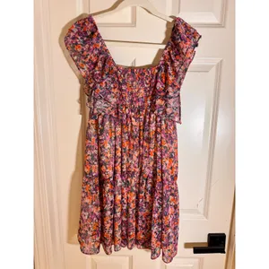 Lavender Brown‎ Floral Flutter Sleeve Tiered Mini Dress Orange Purple XS USA thumbnail 5
