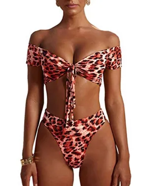 Red Cheetah Print Off Shoulder Swim Suit Set thumbnail 1