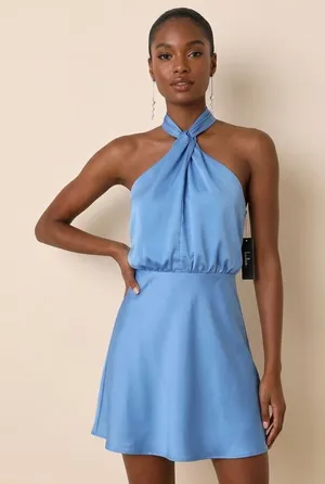 Lulus Remarkable Moment Blue Satin Halter Mini Dress XS NWT thumbnail 1