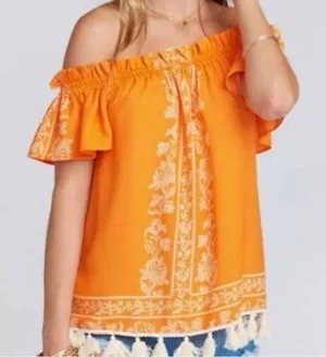 Show Me Your MuMu Orange White Woodstock Tassel Tunic Printed‎ Top Size Med thumbnail 1