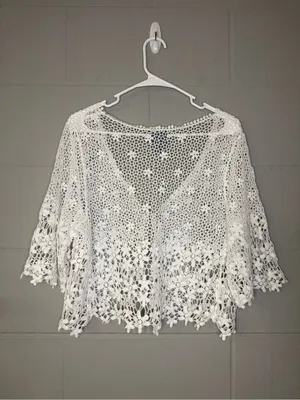 Vintage White Crochet Lace Cotton Cardigan Cover Up Women's XL Boho Cottagecore thumbnail 8