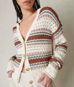 Lucky Brand Striped Crochet Open Knit Cardigan Sweater Size L thumbnail 1