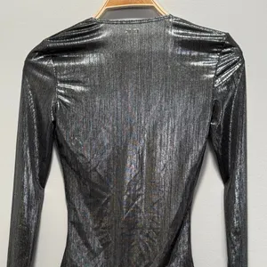 Alix NYC Irving Lamé Bodysuit Small Gunmetal Metallic Deep V-Neck Long Sleeve thumbnail 7