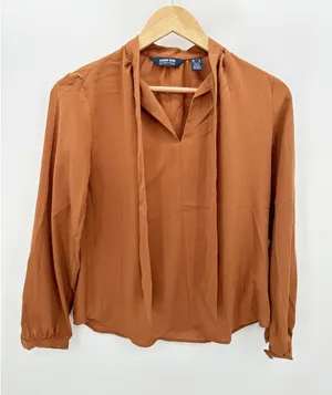 Lands' End Outfitters Blouse Women 2 Brown‎ Tie Neck Long Sleeve Button Cuff thumbnail 1