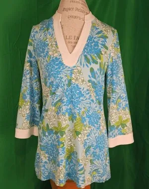 Lilly Pulitzer Womens Blue Green Floral Tunic Top Small‎ thumbnail 1