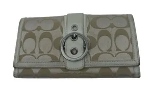 Coach Signature C Buckle Flap Beige Cream Canvas Leather Wallet thumbnail 1