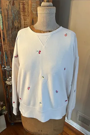 LOFT Lou & Grey Cream Pullover Sweatshirt w/Fruit Embroidery | Size Large thumbnail 1