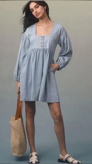 Anthropologie Long Sleeve Square Neck Denim Babydoll Mini Dress thumbnail 1
