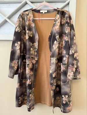 Anthropologie Solitaire‎ Floral Faux Suede Open Front Coat Duster Womens Large thumbnail 1