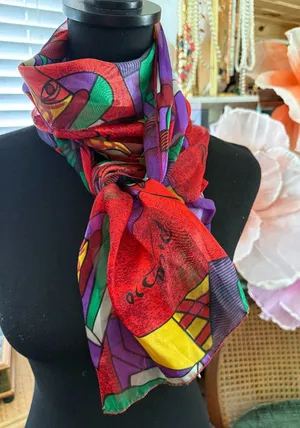Vintage 80s/90s Picasso Style Cubist Art Oblong Abstract One Eyed Jack Scarf thumbnail 1