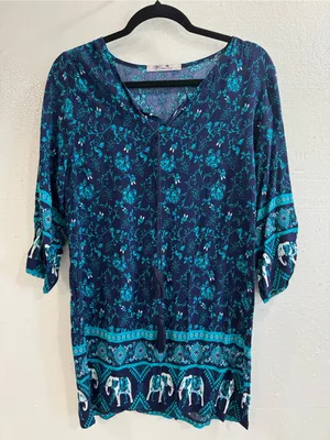 Blossom by P Blue Boho Floral Tunic Top Elephant Border Tassel Tie Size Medium M thumbnail 2