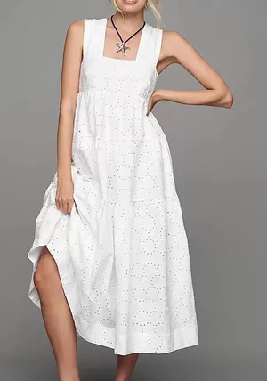 By Anthropologie Women’s Square Neck Eyelet White Lace Tiered Midi Dress Sz XXS thumbnail 1