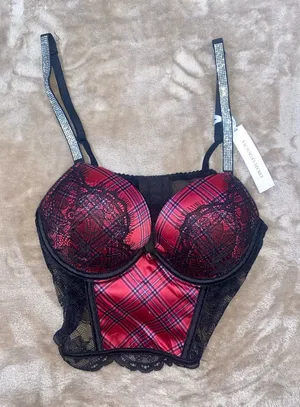 NWT Victoria's Secret Red Plaid Lace Longline Bustier Bra with Rhinestone Straps thumbnail 1