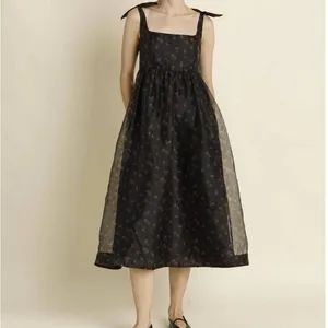 NWT Whimsigoth Floral Organza Midi Dress Black Rose Tie Shoulder‎ Smocked XS thumbnail 2