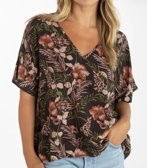 Natural Life Easy V-Neck Floral Top Brown Boho Tropical Size Small thumbnail 1