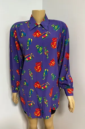 Chaus Vintage 80s Purple Perfume Bottle Print Button Down Blouse Womens Medium 6 thumbnail 1