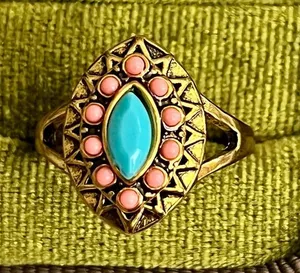 Pink Evil Eye with Teal Center Ring Titanium Steel Gold Tone Statement Ring Siz thumbnail 1
