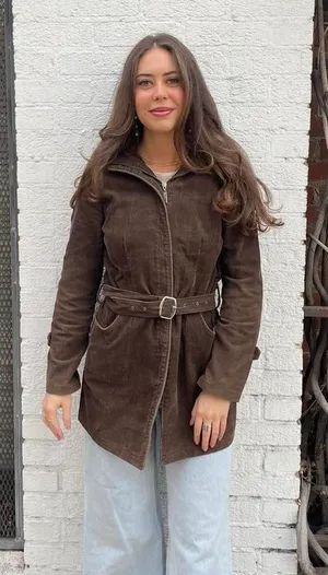 Vintage retro Brown corduroy trench coat belted jacket sz s thumbnail 1