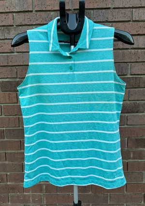 Nike Golf Womens Medium Dri Fit Striped Sleeveless Polo Shirt Top Turquoise EUC thumbnail 1